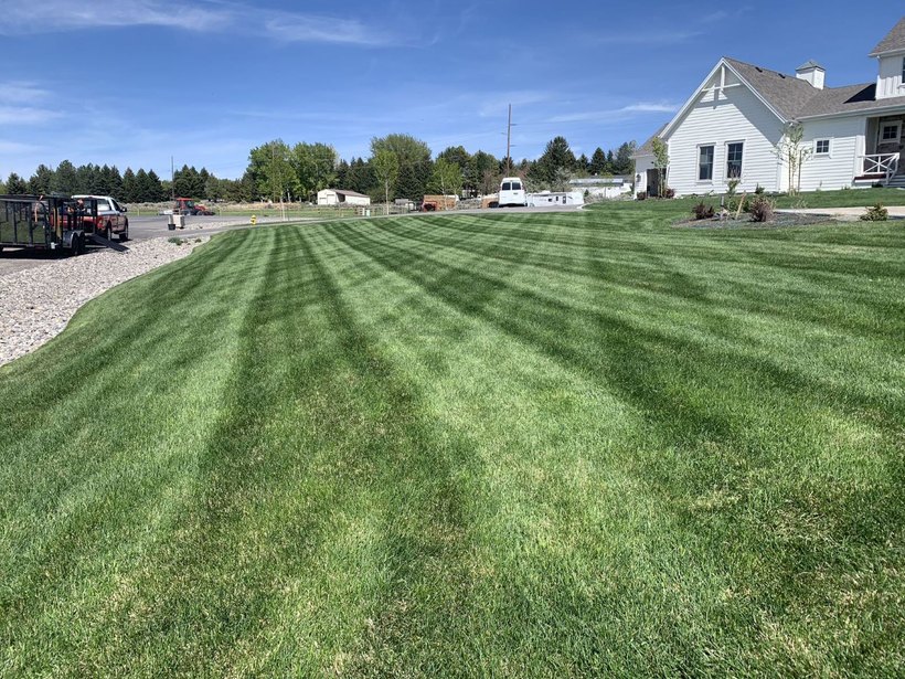 Striped green lawn maintained by J&F