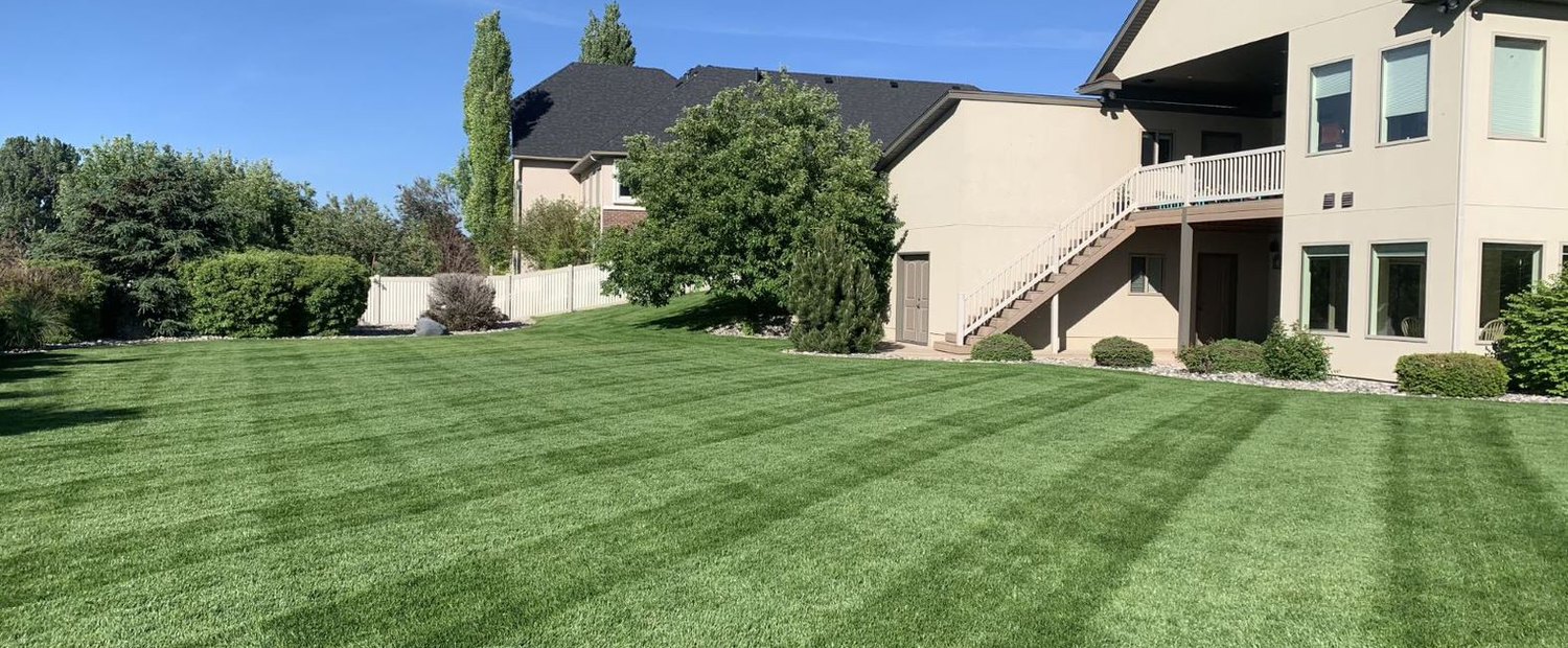 Healthy striped lawn cared for by J&F in Idaho Falls
